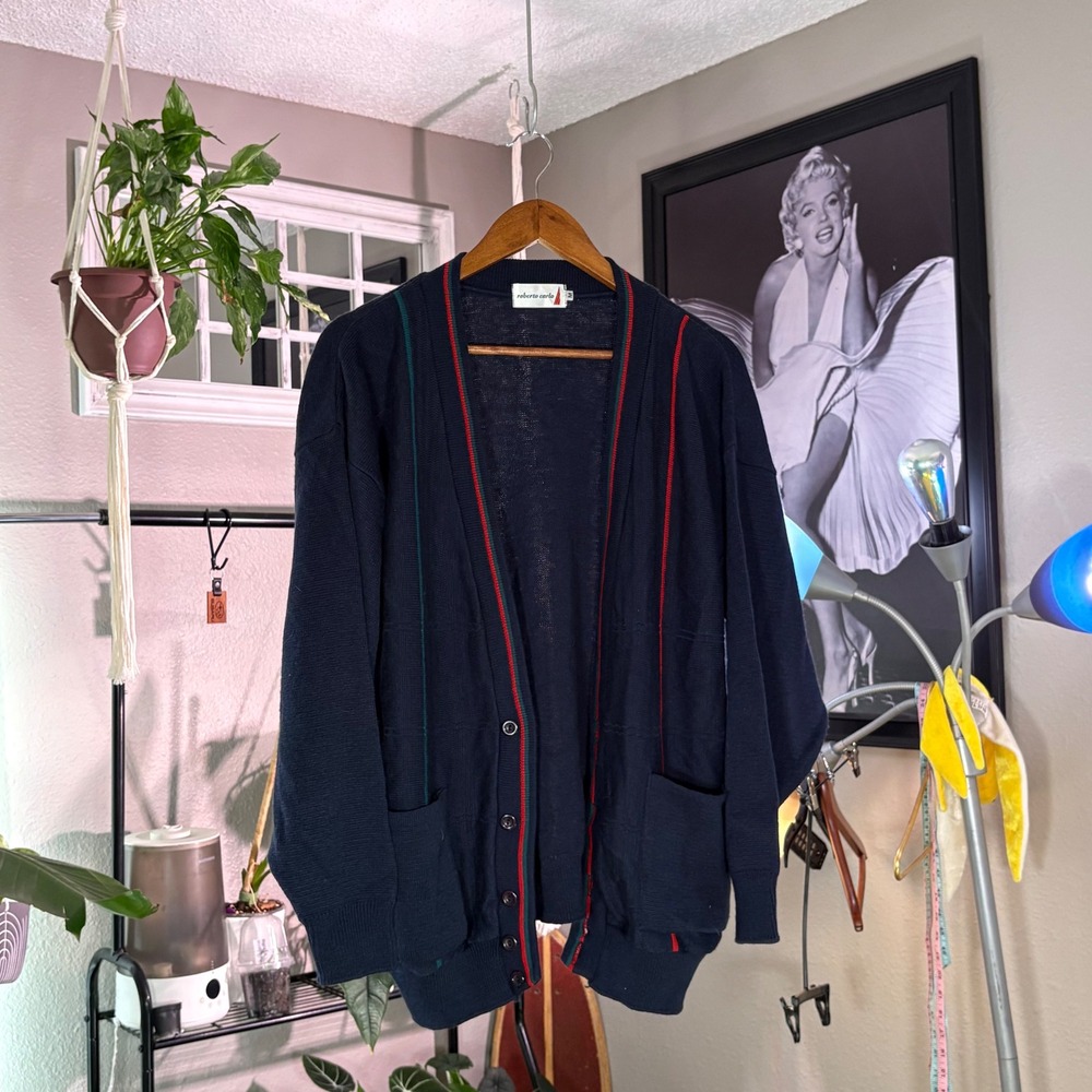 ROBERTO CARLO Vintage Knit Cardigan Navy‎ Red Green Stripe Trim Button Front M